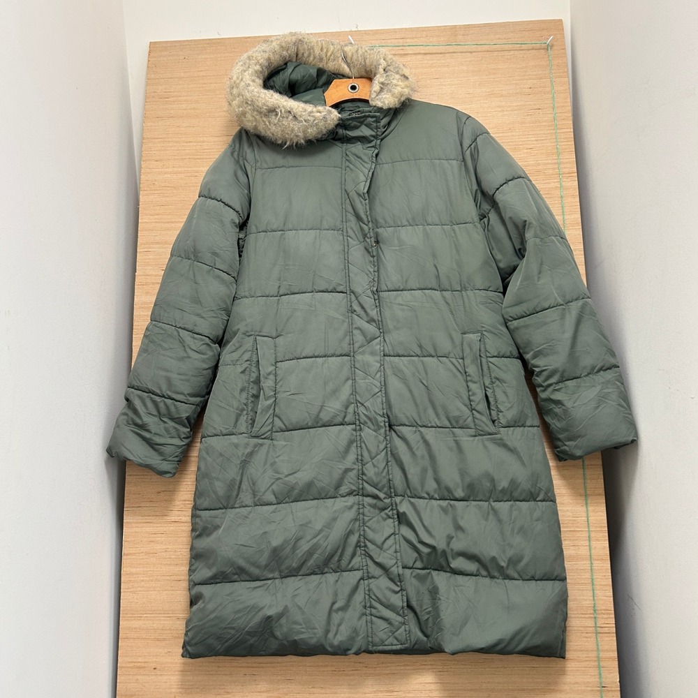 Gap Mens Sage Green Quilted Puffer Parka Faux Fur Hood Jacket Medium 5855